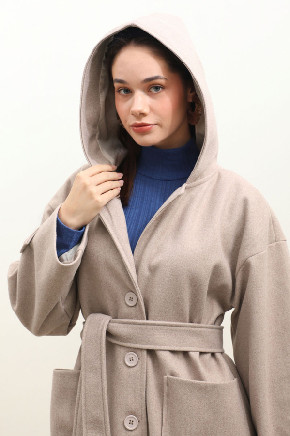 Kapüşonlu Ara Boy Kaban Açık Vizon - 10