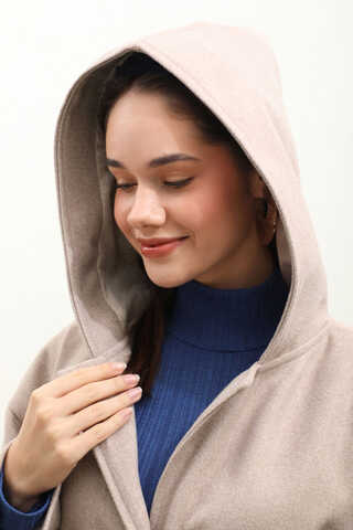 Kapüşonlu Ara Boy Kaban Açık Vizon - 11