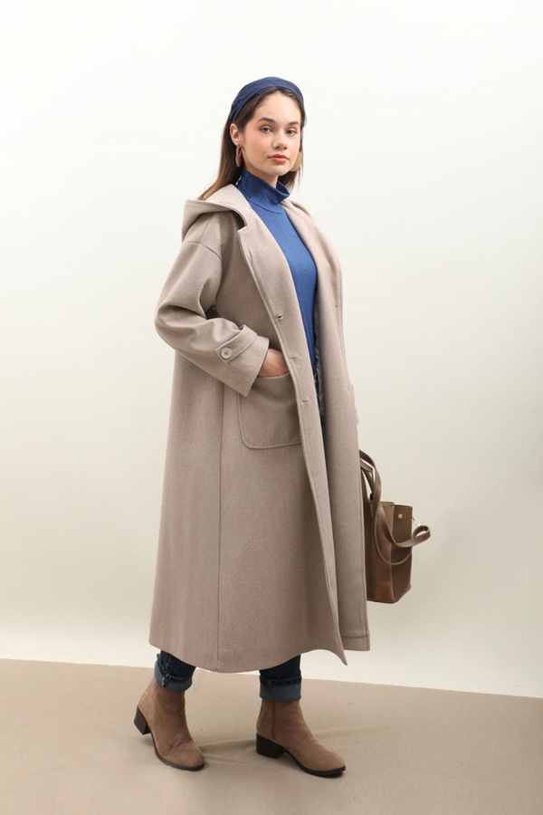 Kapüşonlu Ara Boy Kaban Açık Vizon - 2