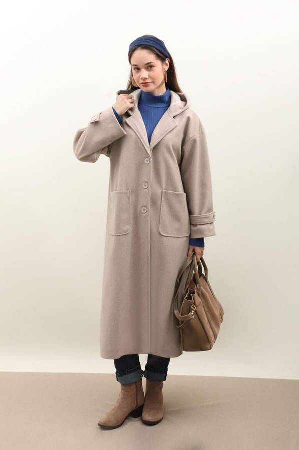 Kapüşonlu Ara Boy Kaban Açık Vizon - 3