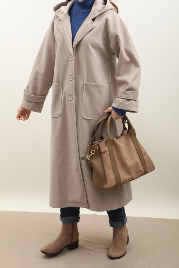 Kapüşonlu Ara Boy Kaban Açık Vizon - 4