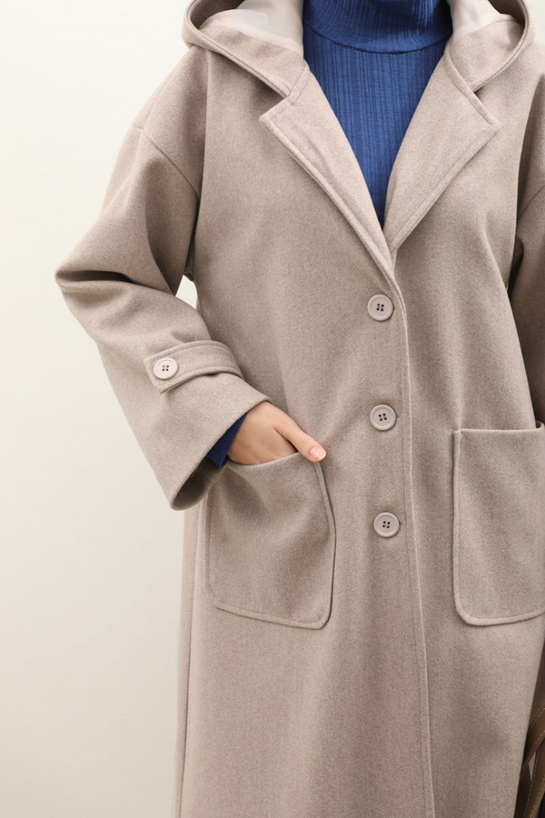 Kapüşonlu Ara Boy Kaban Açık Vizon - 5