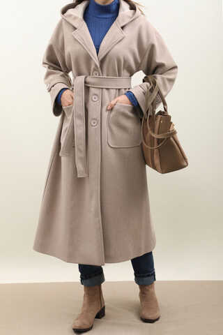 Kapüşonlu Ara Boy Kaban Açık Vizon - 7