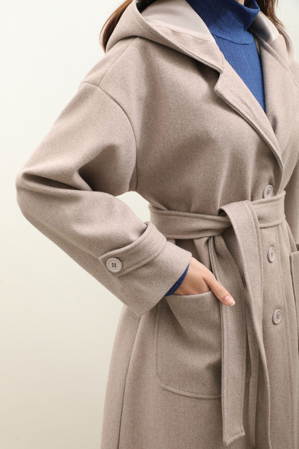 Kapüşonlu Ara Boy Kaban Açık Vizon - 8