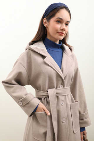 Kapüşonlu Ara Boy Kaban Açık Vizon - 9