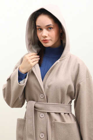 Kapüşonlu Ara Boy Kaban Açık Vizon - 10