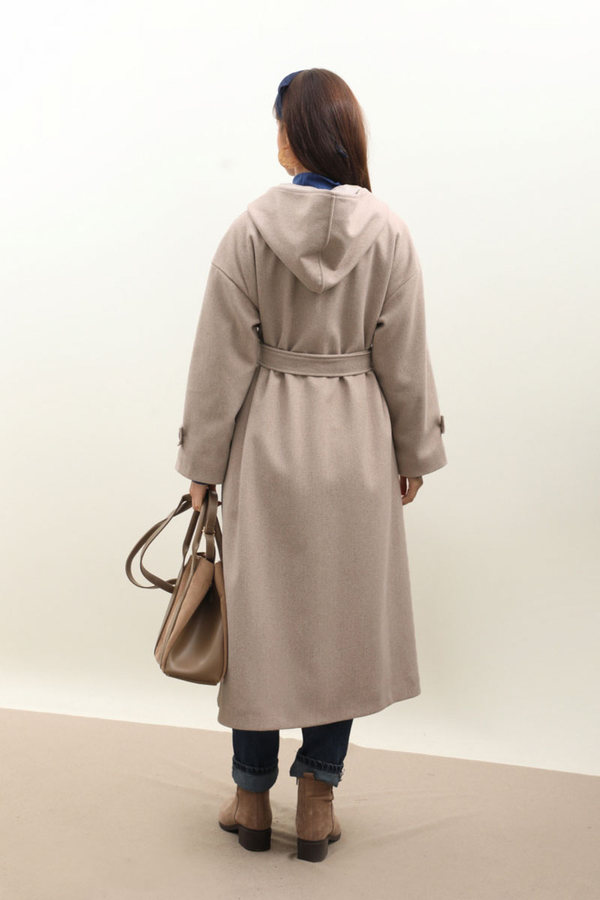 Kapüşonlu Ara Boy Kaban Açık Vizon - 12