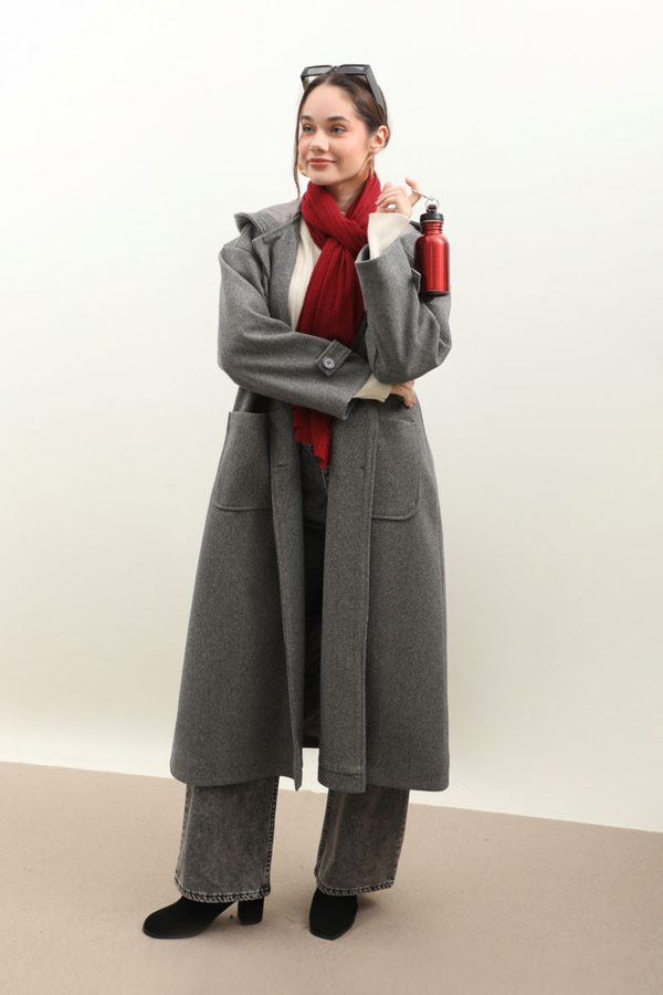 Kapüşonlu Ara Boy Kaban Antrasit - 3