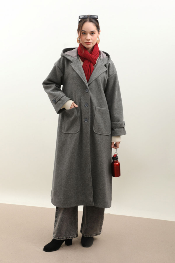 Kapüşonlu Ara Boy Kaban Antrasit - 4