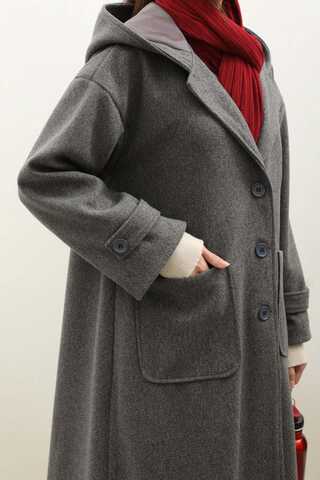 Kapüşonlu Ara Boy Kaban Antrasit - 5