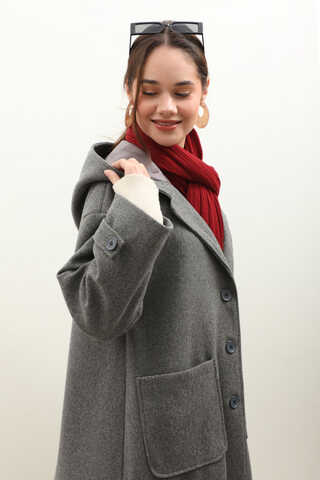 Kapüşonlu Ara Boy Kaban Antrasit - 6