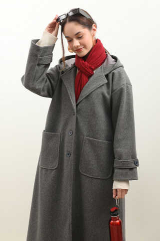 Kapüşonlu Ara Boy Kaban Antrasit - 2