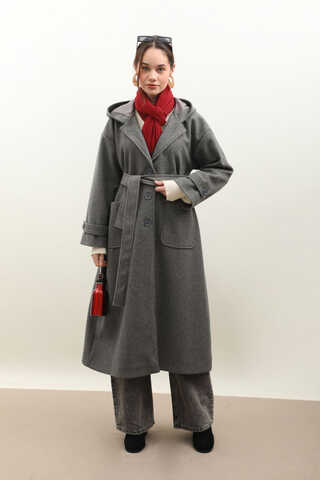 Kapüşonlu Ara Boy Kaban Antrasit - 8