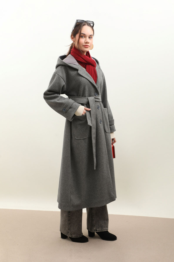 Kapüşonlu Ara Boy Kaban Antrasit - 10