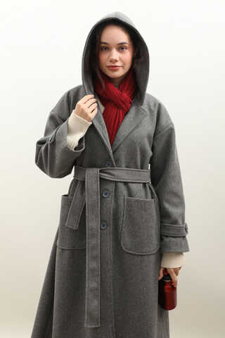 Kapüşonlu Ara Boy Kaban Antrasit - 12