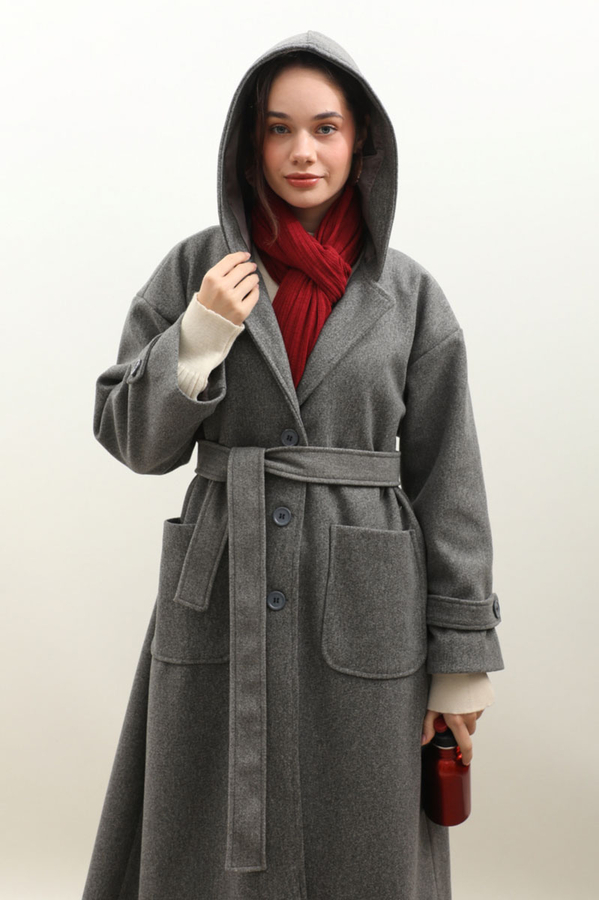 Kapüşonlu Ara Boy Kaban Antrasit - 12