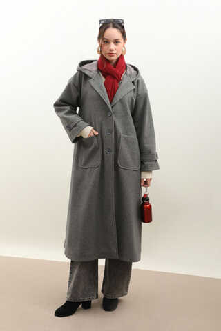 Kapüşonlu Ara Boy Kaban Antrasit - 4