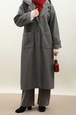 Kapüşonlu Ara Boy Kaban Antrasit - 1