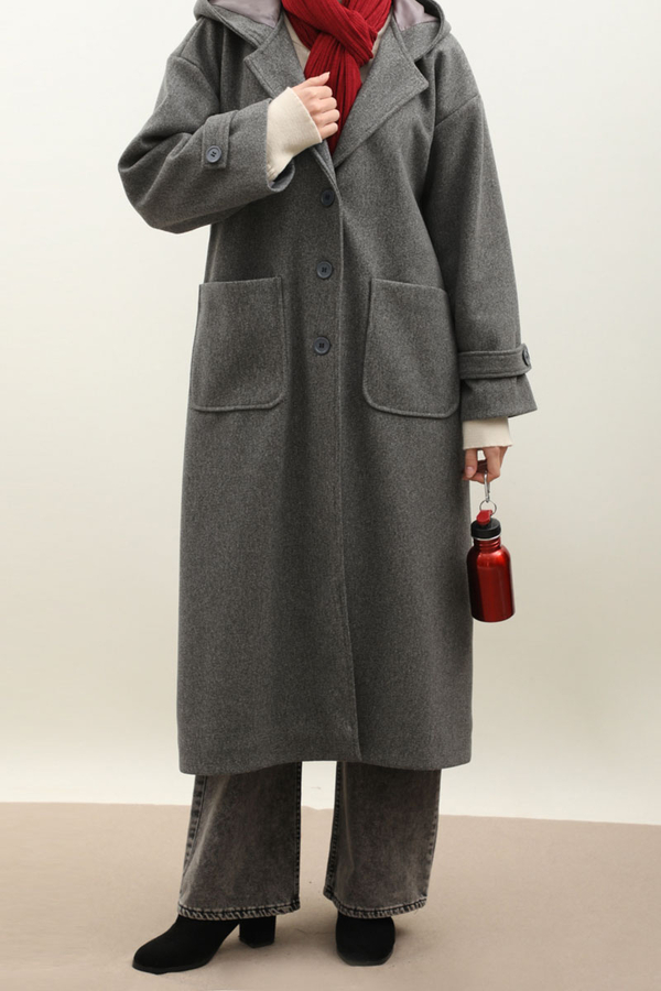 Kapüşonlu Ara Boy Kaban Antrasit - 1