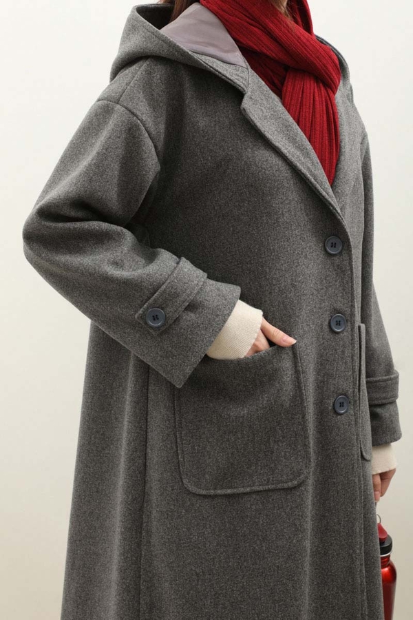 Kapüşonlu Ara Boy Kaban Antrasit - 5