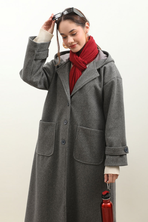 Kapüşonlu Ara Boy Kaban Antrasit - 2