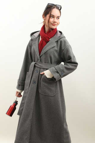 Kapüşonlu Ara Boy Kaban Antrasit - 9