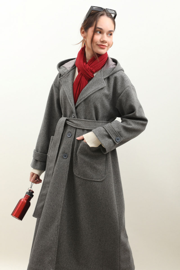 Kapüşonlu Ara Boy Kaban Antrasit - 9