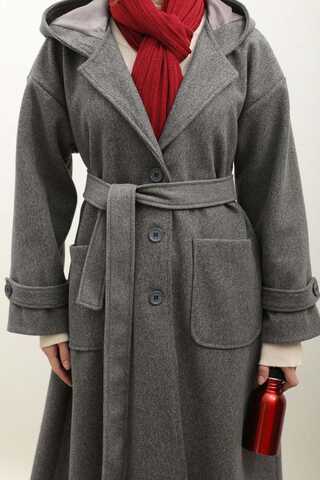 Kapüşonlu Ara Boy Kaban Antrasit - 11