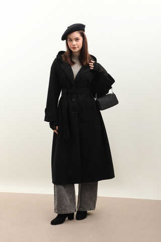 Kapüşonlu Ara Boy Kaban Siyah - 1