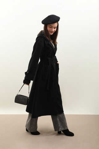 Kapüşonlu Ara Boy Kaban Siyah - 2