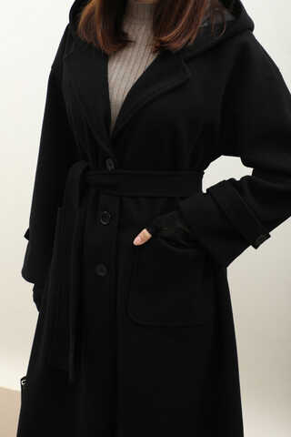 Kapüşonlu Ara Boy Kaban Siyah - 3