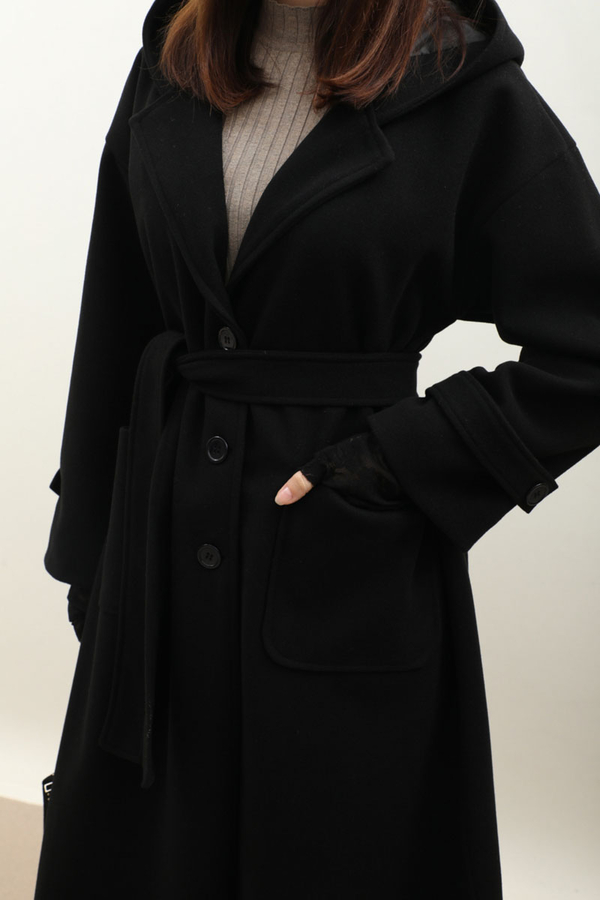 Kapüşonlu Ara Boy Kaban Siyah - 3