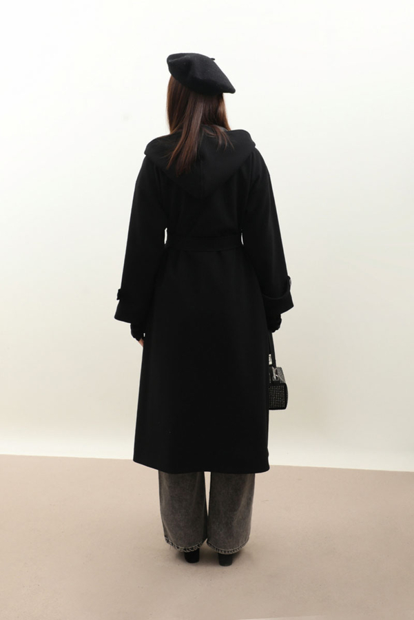 Kapüşonlu Ara Boy Kaban Siyah - 14