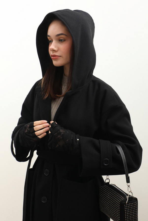 Kapüşonlu Ara Boy Kaban Siyah - 7