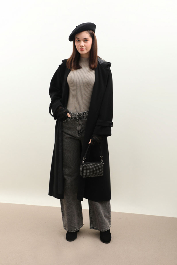 Kapüşonlu Ara Boy Kaban Siyah - 8