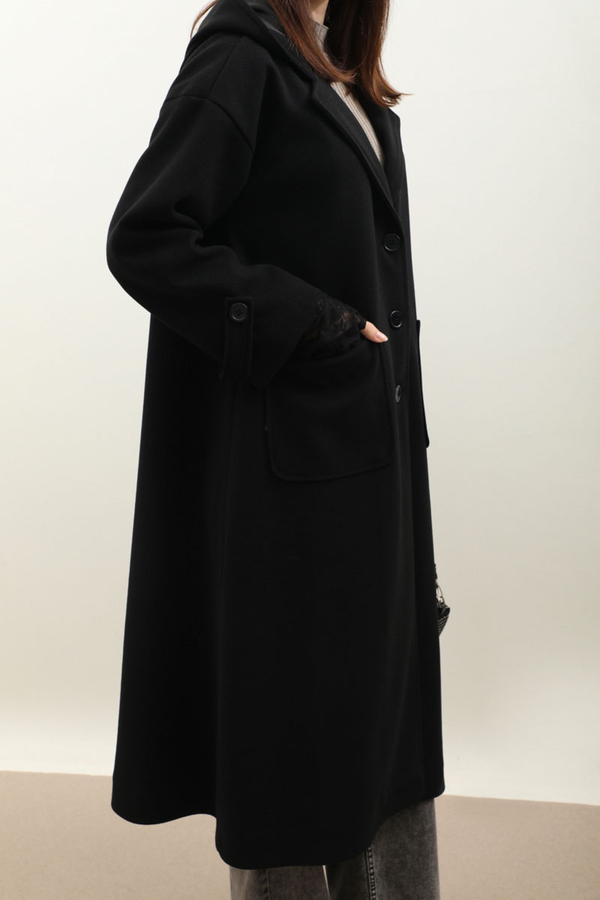 Kapüşonlu Ara Boy Kaban Siyah - 11