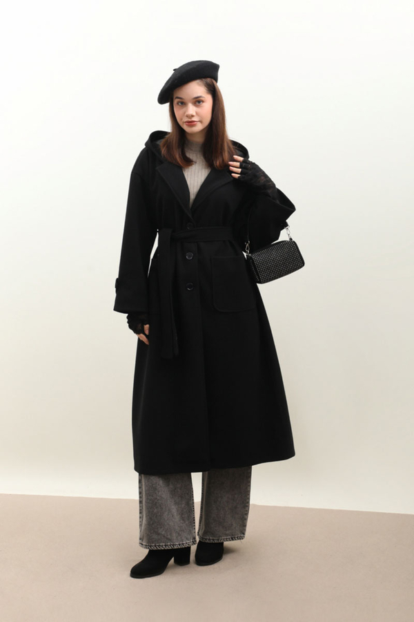 Kapüşonlu Ara Boy Kaban Siyah - 1