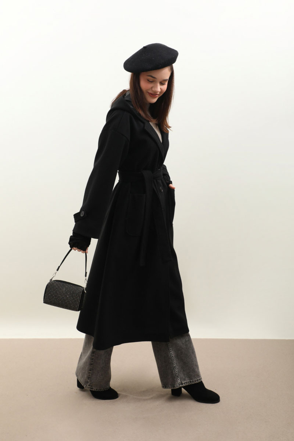 Kapüşonlu Ara Boy Kaban Siyah - 2