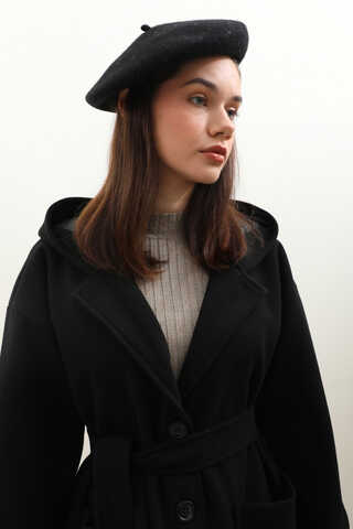 Kapüşonlu Ara Boy Kaban Siyah - 5