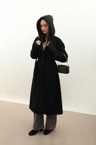 Kapüşonlu Ara Boy Kaban Siyah - 6