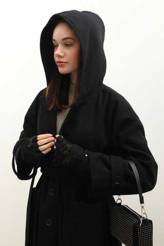 Kapüşonlu Ara Boy Kaban Siyah - 7