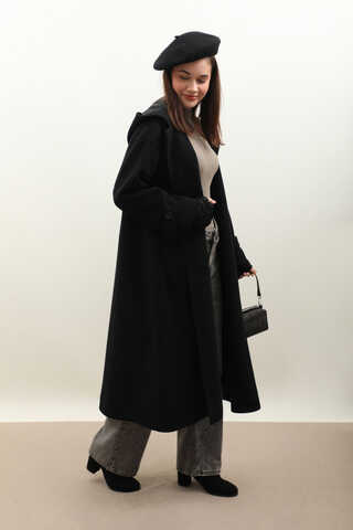 Kapüşonlu Ara Boy Kaban Siyah - 9