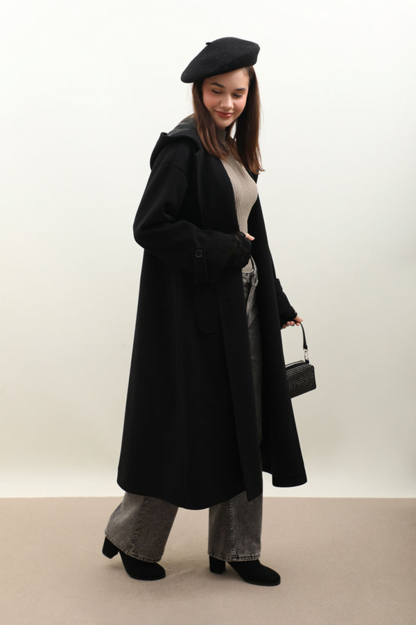 Kapüşonlu Ara Boy Kaban Siyah - 9