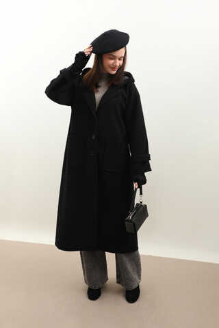 Kapüşonlu Ara Boy Kaban Siyah - 10