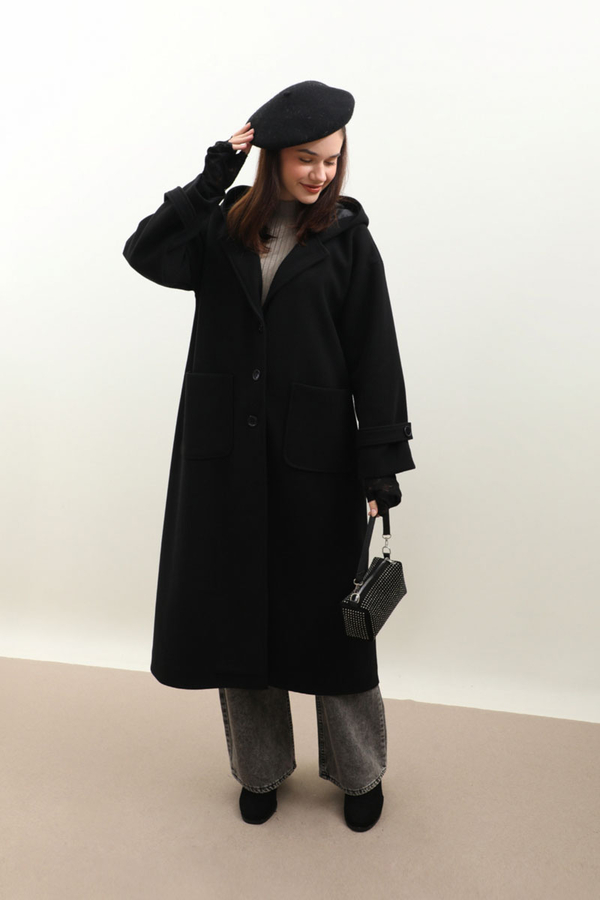 Kapüşonlu Ara Boy Kaban Siyah - 10