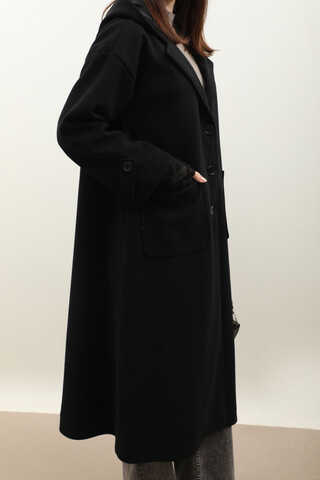 Kapüşonlu Ara Boy Kaban Siyah - 11