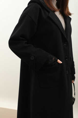 Kapüşonlu Ara Boy Kaban Siyah - 12