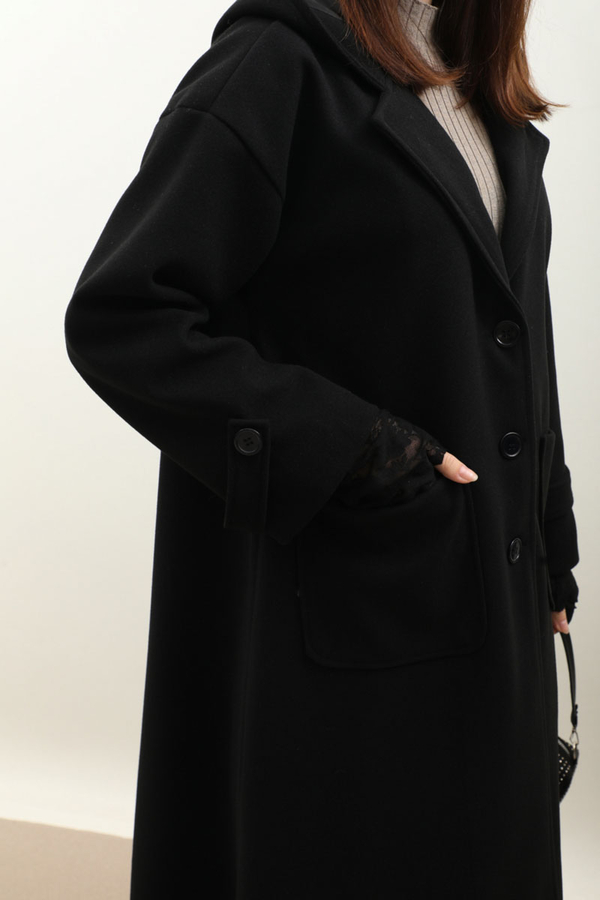 Kapüşonlu Ara Boy Kaban Siyah - 12