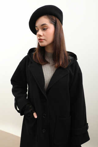 Kapüşonlu Ara Boy Kaban Siyah - 13
