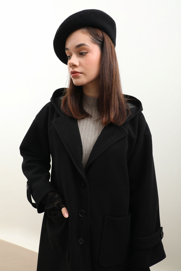 Kapüşonlu Ara Boy Kaban Siyah - 13